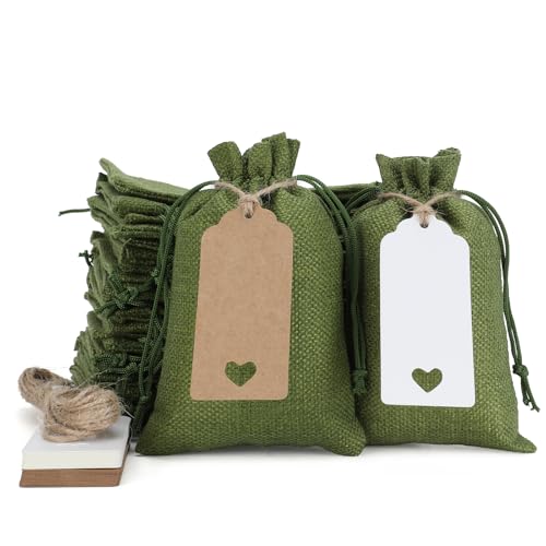 Tapleap Green Small Gift Bags with Drawstring - 30Pcs 4x6 Burlap Sacks for Wrapping Valentine's Day Favors, Soap, Jewelry, Crosses Games, Marble Sets, For Small Business, Birthday, Wedding
