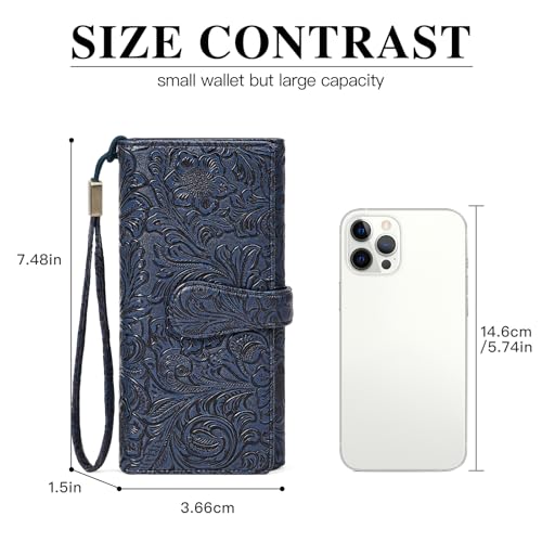 Image of Wristlet Wallet for Women Leather Clutch Purse Trifold Card Holder RFID Blocking Large Capacity Blue