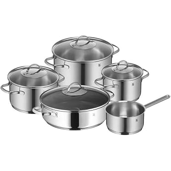WMF Provence Plus 5-Piece Induction Saucepan Set Uncoated Cooking Pot Set with Glass Lid Suitable for All Types of Cookers Induction Pots Set without Scale Polished Cromargan Stainless Steel