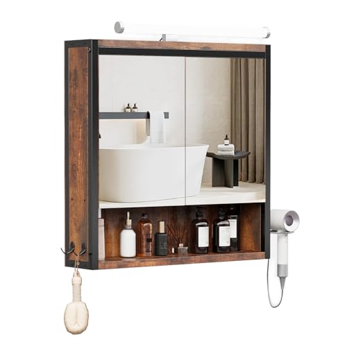 ELUCHANG Armario Espejo Baño con Luz,Mueble Baño,Rmario Colgante con Iluminacion, Mueble Baño con Espejo, 3 Compartimientos de Almacenaje, Estante Interior Ajustable, Vintage+Negro, 60x13x60 cm
