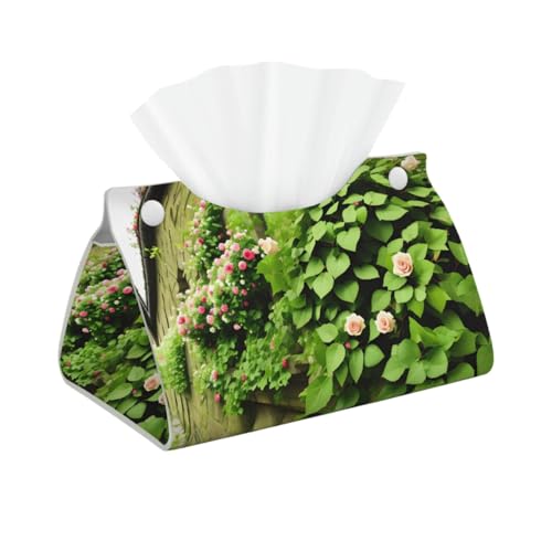 Leather Tissue Box Cover Foldable storage for Desk Home spa Office Bathroom, Bedroom Vanity Countertop Night Stands Desk Car Floral Rose Ivy with Leaves Spring Pattern