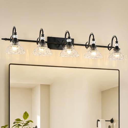 Image of Black Bathroom Vanity Light, 5-Light Matte Black Finish Farmhouse Wall Sconce with Hanging Crystal Accent and Flower-Shaped Clear Glass Shade, Wall Mount Vanity Light Over Mirror for Bathroom
