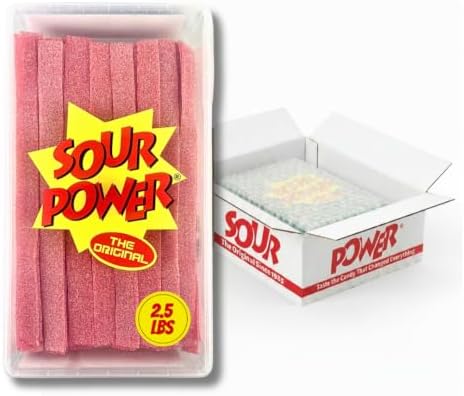 Sour Power Strawberry Candy Belts, 2.5 lb Bulk Tub Resealable, Vegan Strawberry Sour Belts Candy Since 1985, Soft Chewy Sweet Tart, Non-GMO Gelatin Free, Bubble Wrapped and Boxed for Shipping