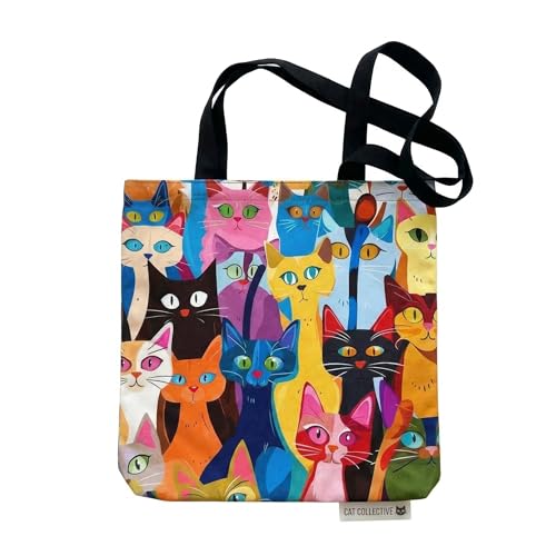 Cat Tote Bag for Women – Reusable Canvas Shopping Bag with Cute Kitten Print – Lightweight & Eco-Friendly Gift for Cat Lovers (CATBAG_COLORFULL)