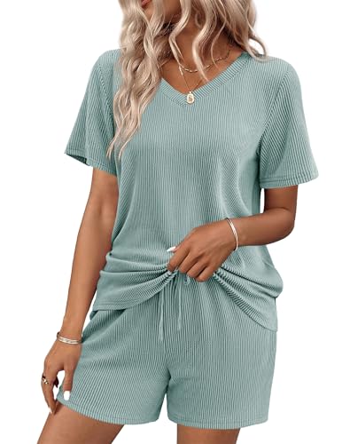 Ekouaer Womens Pajama Sets Short Sleeve Knit Lounge Set 2 Piece Pj Sets for Women V Neck Casual Loungewear Light Green, M