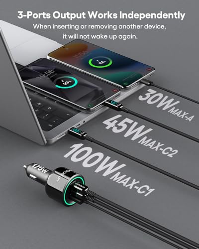 Image of 175W 3-Ports USB C Car Charger with Color-Changing LED Indicator, PD3.0 100W 65W PPS45W Fast Charging, Compatible with iPhone 17 16 15 Galaxy S25 S24, Pixel, MacBook, iPad & Type-C Laptops