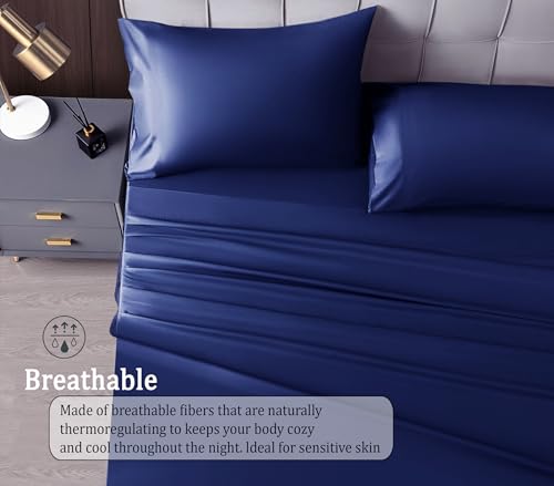 Image of RD TREND Microfiber Satin Weave Fitted Bedsheets for Queen Size Bed 78x60x10 Inch with 2 Pillow Covers-18x28 Inch | 400 TC All Around Elastic | Blue