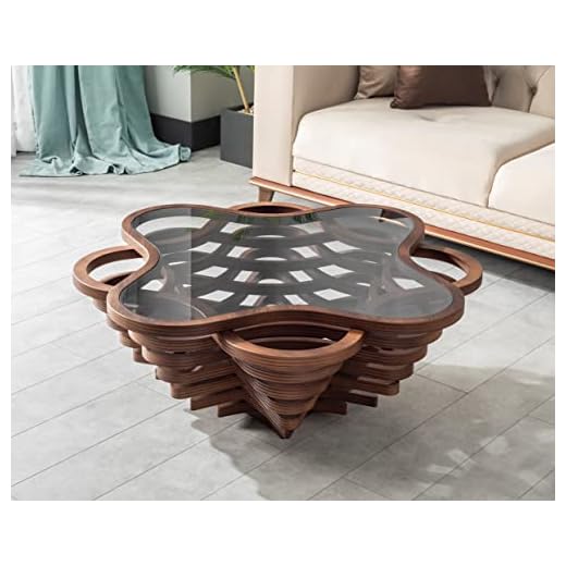 by Papella Design, Natural Walnut Veener Coffee Tables for Living Room, Rustic Table, Mesa De Centro para Sala, Center Table, Glass Table top, Walnut Color, (Cloud)