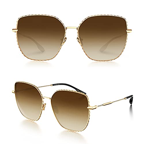 Image of LUENX Square Sunglasses for Women Oversized-Trendy Polygon Flat Three dimensional Rhombic Loop Wire Frame PC Lens, Gold Frame /Gradient Brown Lens,