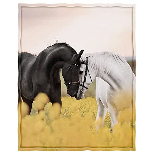 Violetpos 150 x 200 cm, franela suave, manta de forro polar, manta suave, 2 caballos, amor amarillo y flores silvestres Cover