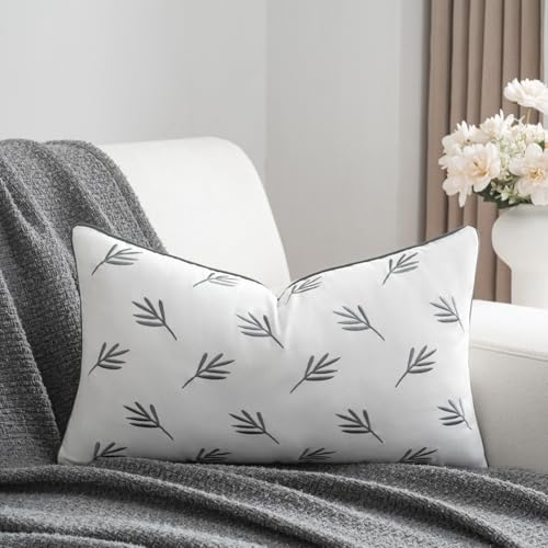 Sanmetex Leaves Lumbar Pillow Covers, Embroidered Floral Plant Modern Decorative Throw Pillow Case 12x20 Inches for Bed Bedroom White and Grey