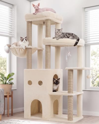 Heybly 151 cm Kratzbaum mit Doppelstöckigem Katzenbett, Beige HCT055MJ | Große Doppel-Plattform Oben, Doppelstöckiges Katzenbett, Katzenkorb, Natürliche Sisalstämme, Geeignet für d