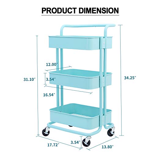 3-Tier Metal Mesh Storage Utility Cart with Brake Caster Wheels, Rolling Cart with Utility Handle, Turquoise - Thumbnail 6