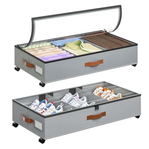 GAOMON Under Bed Storage with Wheels, 2 Pack Rolling Under-Bed Storage Containers with Clear Lids, Low Profile Storage Bins for Clothes, Shoes, Toys, Blankets - Space Saving Underbed Organizer