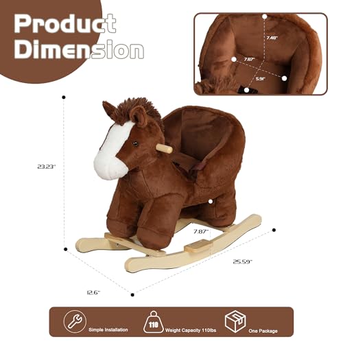 KEIKI Horse Ride-On Rocking with Lullaby Song, Hand Puppets, Safety Belt, Plush Rocking Horse for Ages 1-3, Interactive Kids Rocker, Brown - Thumbnail 2