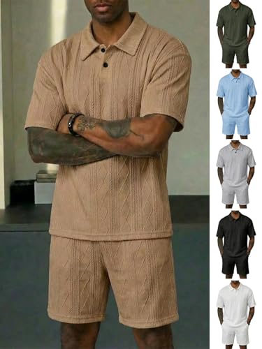 DEEX Men's Summer Beach Outfits 2 Piece Casual Shorts Short Sleeve Track Suits Golf Polo Vacation Texture Sets 2026