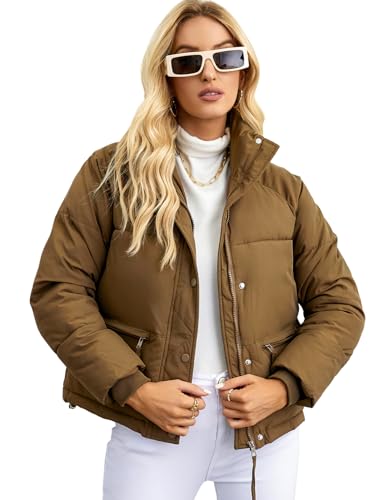 Gihuo Women's Cropped Puffer Jacket Stand Collar Padded Coat Packable Winter Zip Up Quilted Jackets