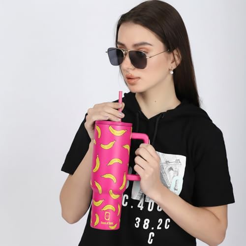Image of House of Quirk 1200ML Stainless Steel Tumbler with Handle & Lid, 2 Straws - Large Travel Mug Water Cup for Gym, Office & Outdoor Use (Banana Pink)