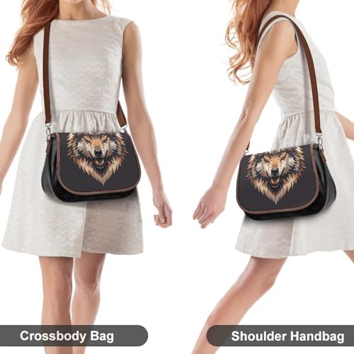 PU Leather Crossbody Bag Coyote Pattern Print Flapover Tote Bag Shoulder Handbag Purse for Women with Adjustable Strap4