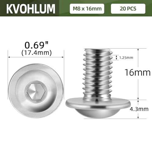Image of M8-1.25 x 16mm 20 PCS Flanged Button Head Socket Cap Bolts Screws, Stainless Steel 304, Allen Socket Drive, Screwdriver Bit Included, Bright Finish, Fully Machine Thread