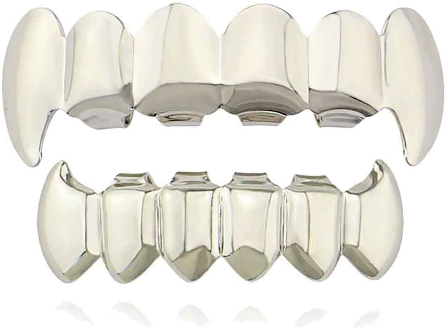 Psivika Gold Plated Shiny Hip Hop Teeth Grillz Caps Iced Out CZ Top and Bottom Vampire Fangs Grillz for Men and Women