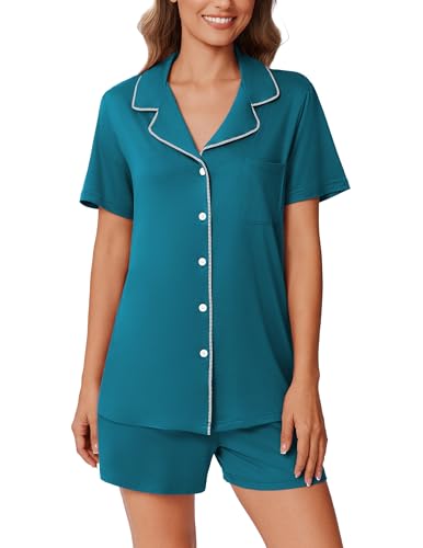 Image of Ekouaer Pajamas Set for Women 2 Piece Pjs Short Sleeve Sleepwear Button Down Lounge Shorts Sets S-XXL