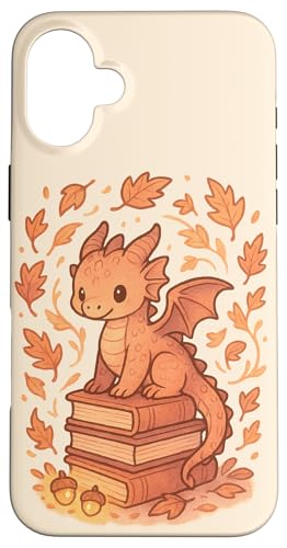 Otoño Dragón Sentado en Libros con Hojas Fantasía Arte Carcasa para iPhone 16 Plus