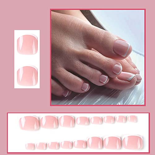 White French Tip Press On Toenails,Summer Pink Short Fake Nails False Toenails Glossy Acrylic Press On Toe Nails Full Cover Nail Glue Toenails Tips Fake Art For Women And Girls 24Pcs #TOP1