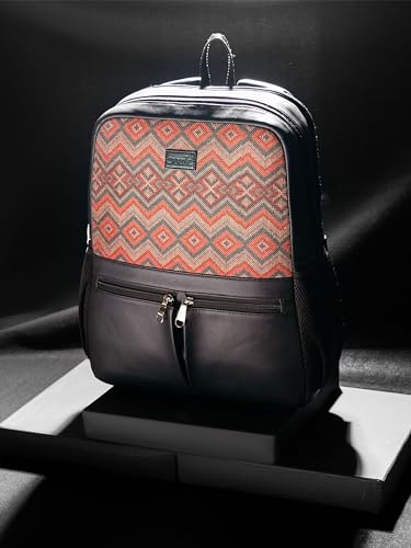 Image of ZOUK Women's Office Backpack | Vegan Leather & Handicraft Fabric | PeTA Approved | 15.6 Inch Laptop Compartment | Dual Zipper Pockets | Water Resistant | Trolley Passthrough | 17.5L