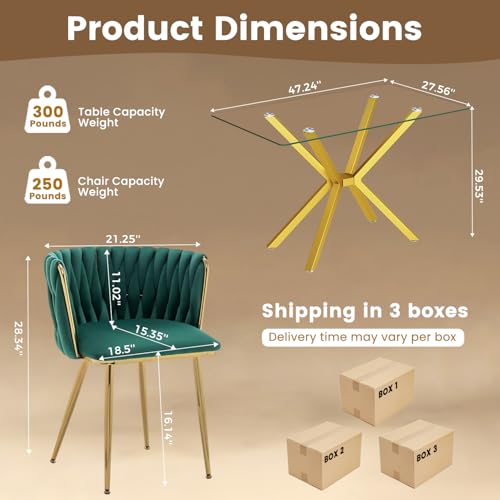 Image of Golden Glass Dining Table Set for 4 with 47.2 inch Rectangular Tempered Glass, 5 Pieces Kitchen Table Set with 4 Comfortable Velvet Chairs for Living Room, Apartments Small Place, Cafe (Green Chairs)