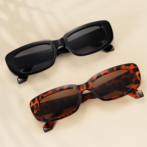 Rectangular Sunglasses for Women Men Trendy Womens Sunglasses Vintage Sun Glasses Retro Style 90s for Party Travel 2Pack - Main Image