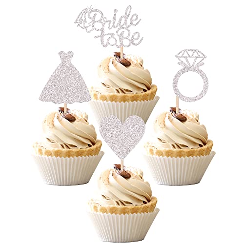 24 Pcs Bride To Be Cupcake Toppers With Heart Ring Dress Bridal Shower Cupcake Picks Wedding Engagement Bachelorette Party Cake Decorations Supplies Silver #TOP7