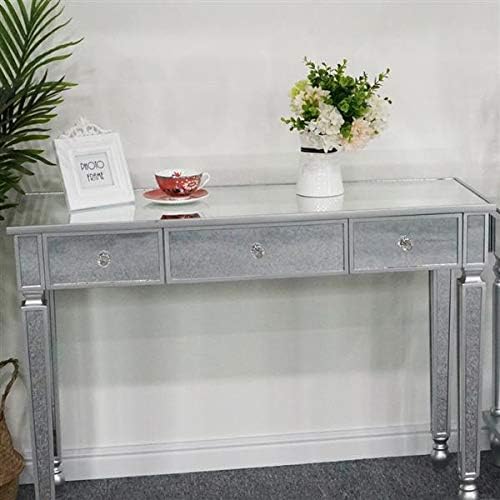 Miniatura 4 de Mesa consola con espejo con 3 cajones, mesa de consola de cristal, mesa de tocador de maquillaje, mesa de sofá moderna mesa de consola plateada para