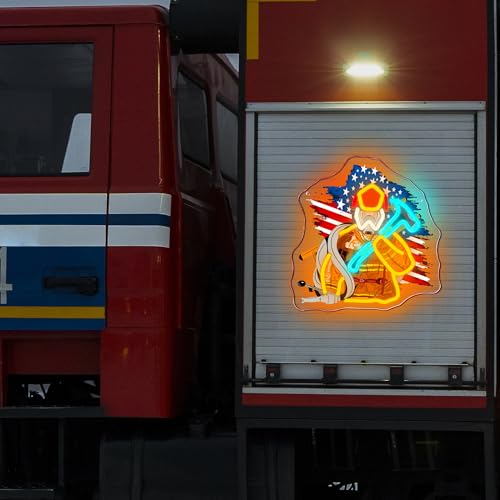 Image of Mutank Firefighter Neon Sign, American Flag LED Fireman Neon Light USB Powered, for First Responder Hero Tribute Emergency Services Firehouse Decor, Firefighter Gifts(12.9 * 12.5 In)