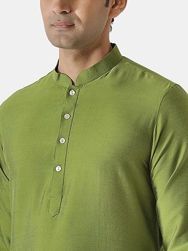 Kisah Men Green Thread Work Kurta Full Sleaves, Knee Length, Straight, Regular Fit, Mandarin Collar Ethnic Wear