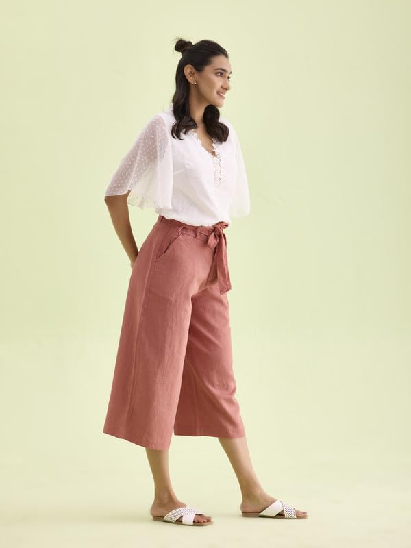 Image of GO COLORS Solid Linen Culottes for Women | High Rise, Side Pockets, Front tie-up