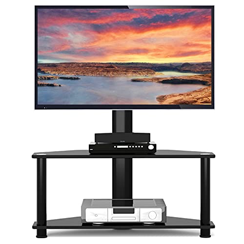 TAVR Glass Floor TV Stand with Swivel Mount and Height Adjustable for 32 37 42 47 50 55 inch Plasma Flat or Curved Screen TVs 2-Tier Tempered Glass Universal Media Storage Stand Black