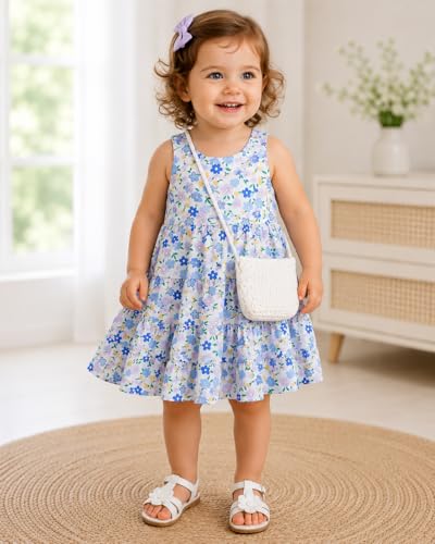 Image of Bold N Elegant Sleeveless Cotton Floral Print Party Knee Length Dress Frock with Bag Purse for Infant Toddler Baby Girl's