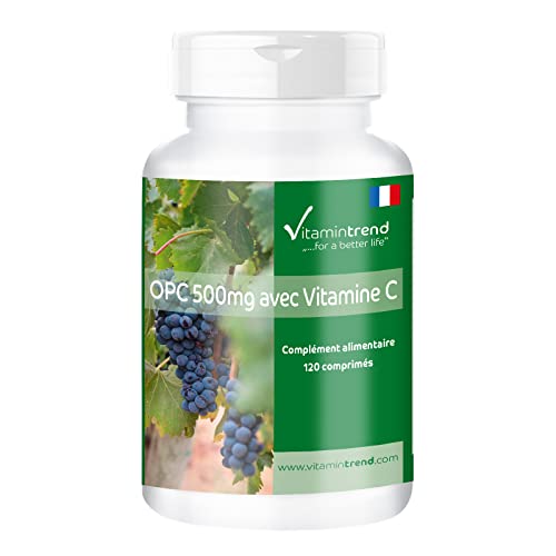 OPC 500mg avec Vitamine C - Végan - Boite de 120 comprimés - ! POUR 4 MOIS ! - Extrait de Pépins de Raisin | Vitamintrend®