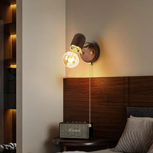 Aplique de pared vintage de madera con interruptor de cable y casquillo E27 para dormitorio 7
