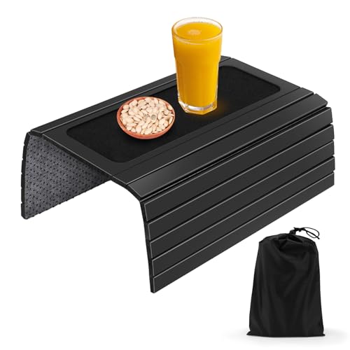 Littlecatch Foldable Wooden Sofa Arm Tray - Versatile Couch Armrest Table for Drinks, Snacks, and Magazines with Storage Bag (Black)