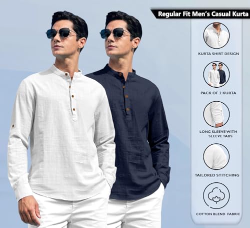 Image of Zombom Combo of Men's Solid Cotton Polyester Blend Full Sleeve Straight Kurta Shirt (Pack of 2)