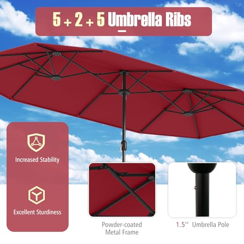 Image of Tangkula 13FT Double-sided Patio Umbrella, Extra Large Twin Table Umbrella with Crank Handle, Umbrella Base, Safety Lock, Air Vent, Outdoor Market Umbrella for Garden Pool Backyard (Burgundy)