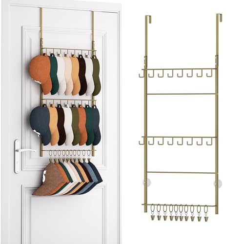HapiRm Over Door Hat Rack - 3 Tier Wall Mounted Hat Organizer with 16 Hooks and 10 Movable Clips, Baseball Cap Organizer Storage Holds up to 26 Caps for Door, Bedroom, Closet USPTO Patent Pending