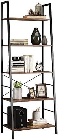 Yusong Ladder Shelf,Industrial 5-Tier Bookshelf,Free Standing Bookcase,Utility Organizer Shelves for Plant Flower,Wood Look Accent Furniture with Metal Frame for Home Office,Rustic Brown
