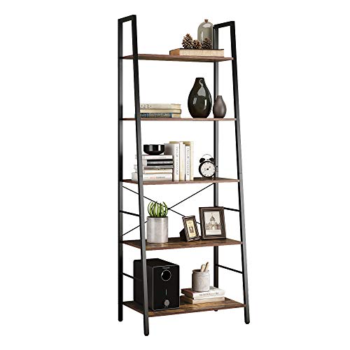 Yusong Ladder Shelf,Industrial 5-Tier Bookshelf,Free Standing Bookcase,Utility Organizer Shelves For Plant Flower,Wood Look Accent Furniture With Metal Frame For Home Office,Rustic Brown #TOP24