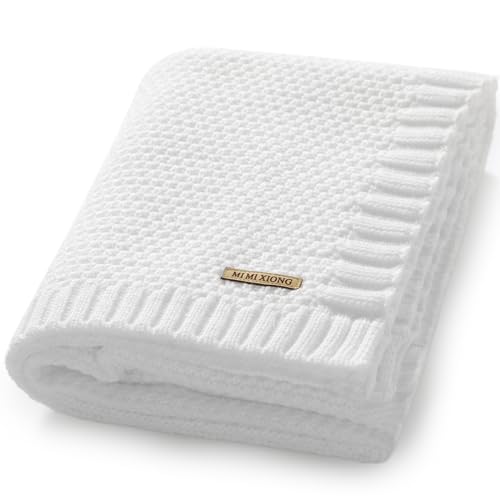 Image of mimixiong Baby Blanket Knit Swaddle Blanket Soft Warm Crochet Neutral Receiving Unisex Baby Blanket for Boys and Girls White 40 x 30 inches