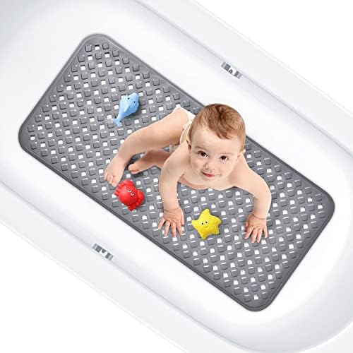 OTraki Bathtub Mat Non Slip Anti Mould Long Bath Mat with 260 Strong Suction Cups and Drain Holes Rectangular Large TPE Bathroom Shower Mat Machine Washable for Elderly Kids, 88 x 40 cm Grey
