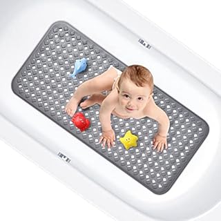 OTraki Bathtub Mat Non Slip Anti Mould Long Bath Mat with 260 Strong Suction Cups and Drain Holes Rectangular Large TPE Bathroom Shower Mat Machine Washable for Elderly Kids, 88 x 40 cm Grey