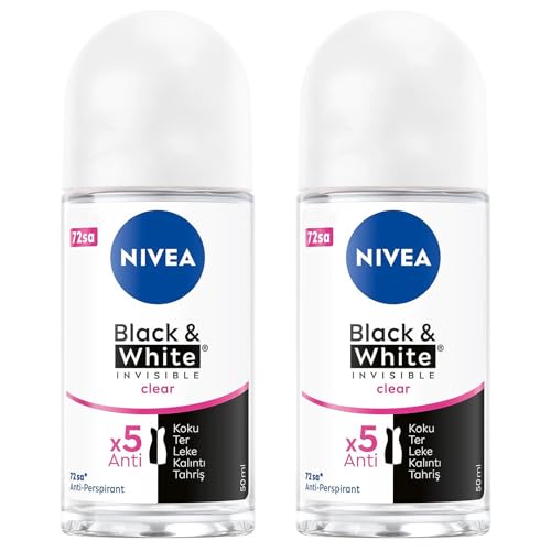 NIVEA Women Black & White Invisible Clear Roll-On Antiperspirant Deodorant 50ml – 72 Hour Sweat and Odor Protection, No White Marks, Alcohol-Free, Fresh Scent, Underarm Care, Pack Of 2
